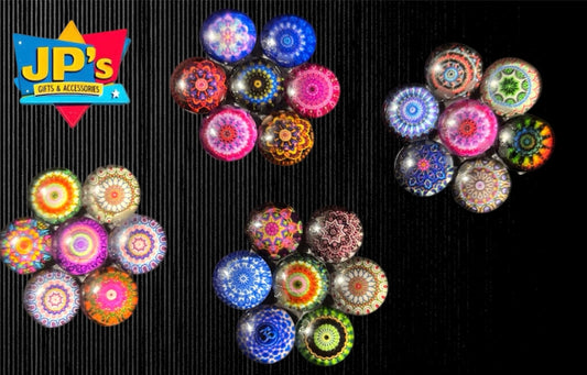 Set of colorful decorative fridge magnets with intricate mandala patterns in vibrant colors displayed in groups.