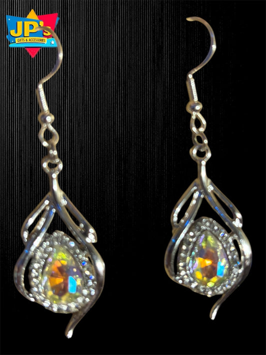 Pair of silver-plated droplet earrings with multicolor rhinestones and ornate metal filigree designs.