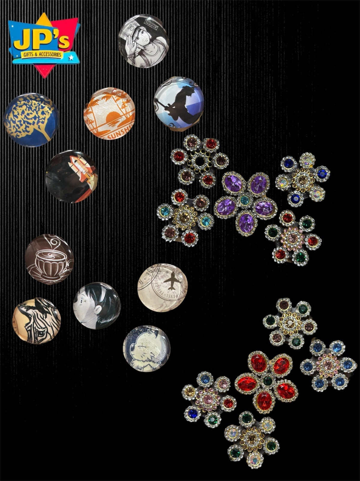 Assorted fridge magnets collection featuring character designs, rhinestone embellishments, and colorful printed patterns.