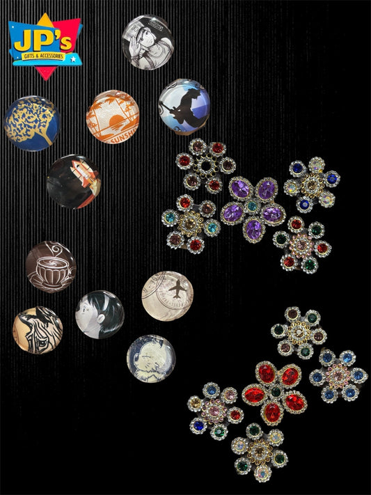 Assorted fridge magnets collection featuring character designs, rhinestone embellishments, and colorful printed patterns.