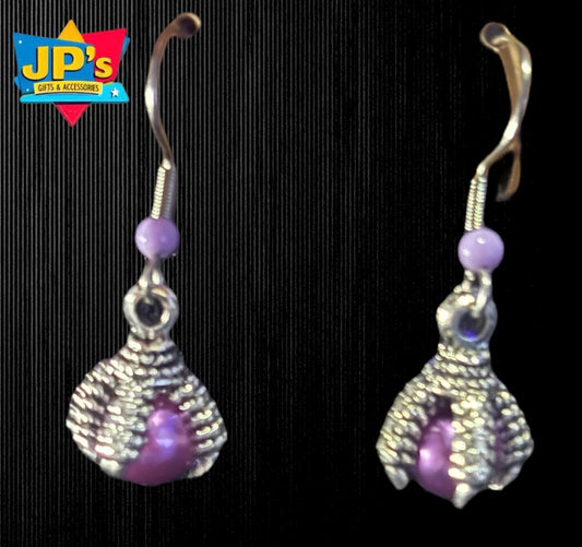 Jp’s Gifts & Accessories silver-tone dragon claw dangle earrings featuring vibrant purple beads on hook backings.